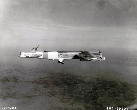 Boeing B-52H-170-BW Stratofortress 61-023, "Ten-Twenty-Three", after losing the vertical fin, 10 January 1964. (Boeing)