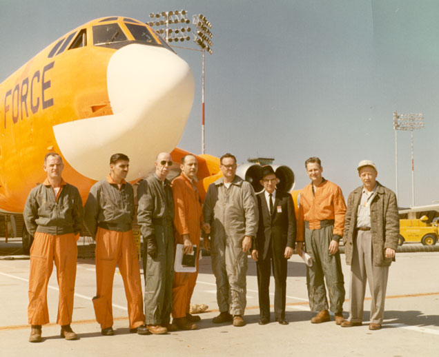 Charles F. Fisher and the Boeing test crew with B-52H Stratofortress 61-023. (Boeing)