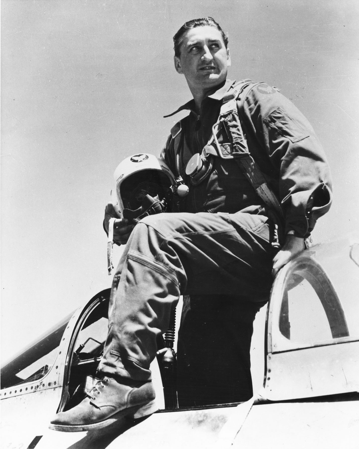 Lieutenant Colonel Francis Stanley Gabreski, United States Air Force, 51st Fighter Interceptor Wing, standing in the cockpit of his North American Aviation F-86E Sabre, Korea, ca. 1952. (U.S. Air Force)