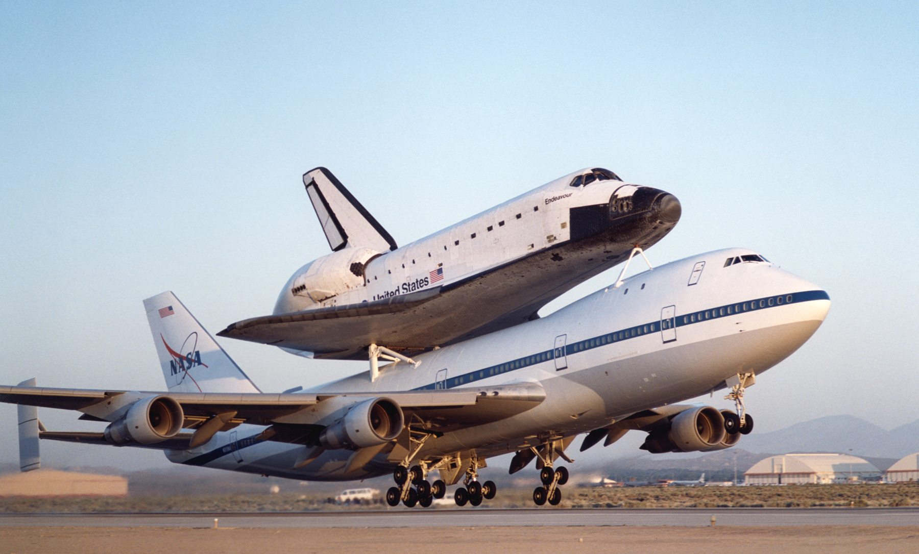 A NASA Space Shuttle Carrier Aircraft takes off from Edwards Air Force Base, California with the Space Shuttle Orbiter Endeavour. (NASA)