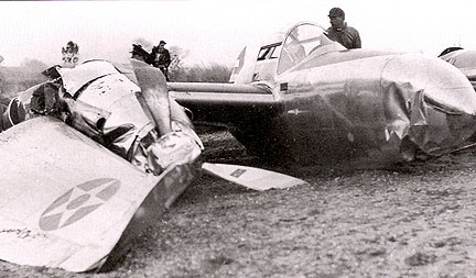 Wreckage of the prototype Lockheed XP-38 37-457 at Cold Stream Golf Course, Hempstead, New York, 11 February 1939. (Unattributed)