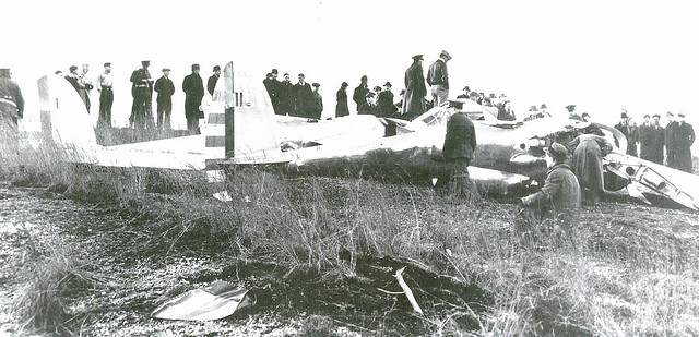 Wreck of the prototype Lockheed XP-38 37-457 on the Cold Stream Golf Course, Hempstead, New York, 11 February 1939. (Unattributed)