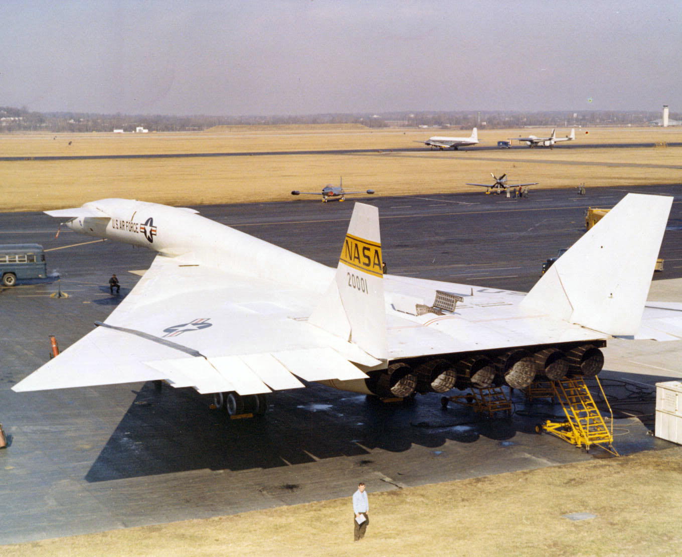  North American Aviation XB-70A-1-NA Valkyrie 62-0001 at Wright-Patterson Air Force Base, Ohio. This photograph shows the twelve elevons that act as elevators, flaps and ailerons, the swiveling action of the vertical fins, open drag chute doors and the variable exhaust outlets. (U.S. Air Force).