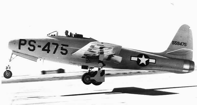 Republic XP-84 Thunderjet 45-59475 takes of at Muroc AAF, California. (U.S. Air Force )