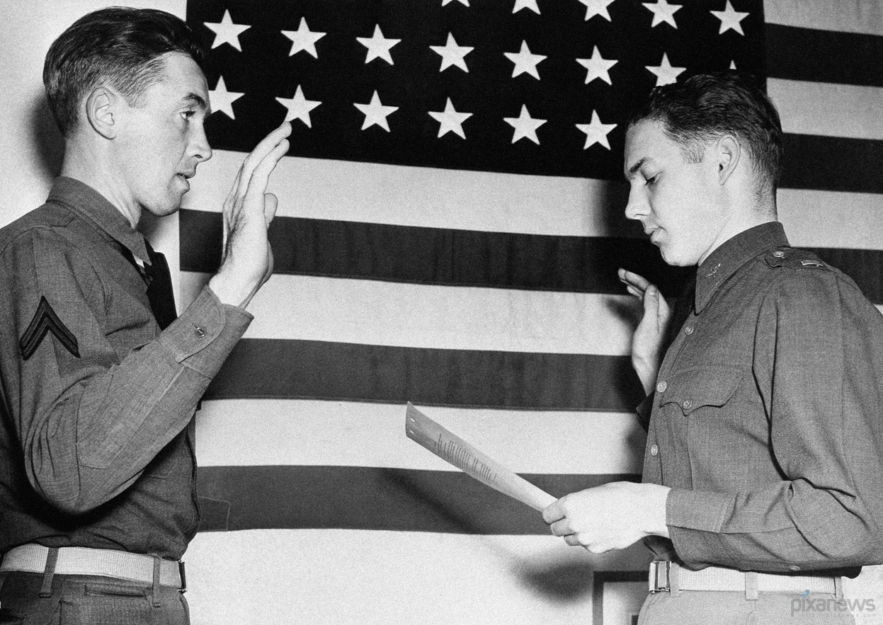 Corporal James M. Stewart was commissioned a Second Lieutenant, U.S. Army Air Corps, at Moffett Field, California, 19 January 1942. (AP)