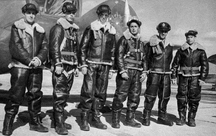 First Lieutenant James M. Stewart, USAAF, (third from left) as a pilot at the Training Command Bombardier School, Kirkland AAF, Albuquerque, New Mexico, 1942. (U.S. Air Force)