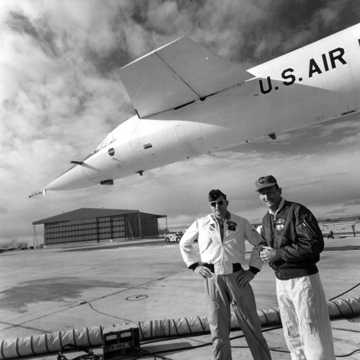 Lieutenant Colonel Emil Sturmthal, USAF and Fitzhugh Fulton, NASA, with the North American Aviation XB-70A-1-NA 62-0001 at Edwards AFB, California. (Chris Walmsley/Rockwell International) 
