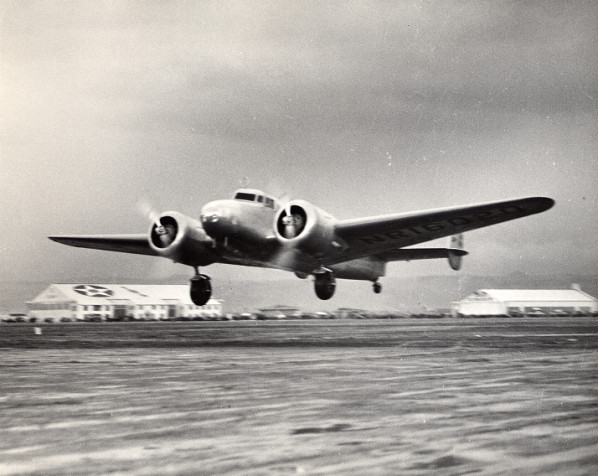 Amelia Earhart's Lockheed Electra 10E, NR16020, departs Oakland, 4:37 p.m., 17 March 1937. (Purdue University Library)