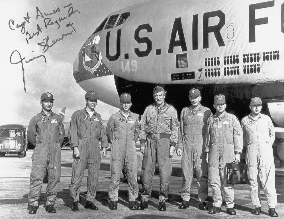 Brigadier General James M. ("Jimmy") Stewart, USAFR (center) with the crew of B-52F Stratofortress 57-149, at Anderson Air Force Base, Guam, 20 February 1966. (U.S. Air Force)