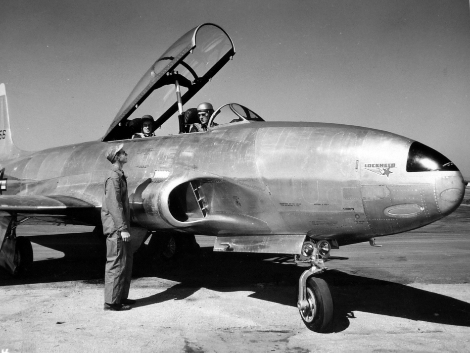 Tony LeVier in the cockpit of Lockheed TP-80C-1-LO 48-356, the prototype T-33A Shooting Star two-place trainer.