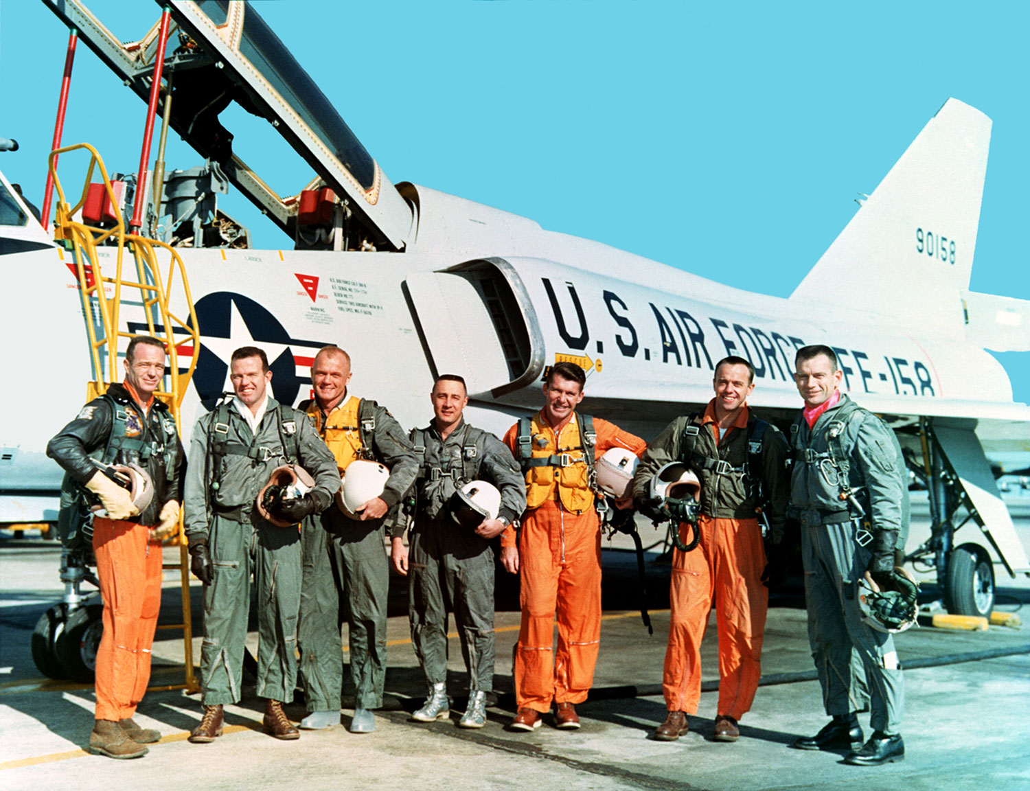 Project Mercury astronauts with Convair F-106B-75-CO Delta Dart 59-0158. (NASA)
