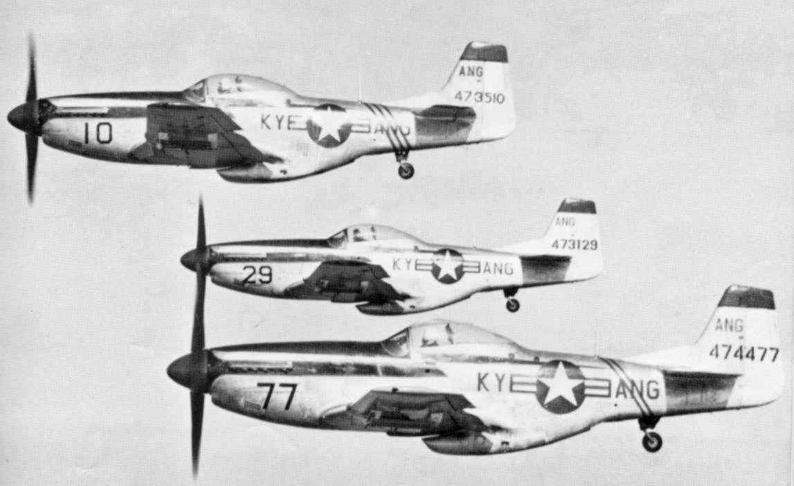 Flight of three North American Aviation F-51D Mustangs, 165th Fighter Squadron, Kentucky Air National Guard. (U.S. Air Force) 