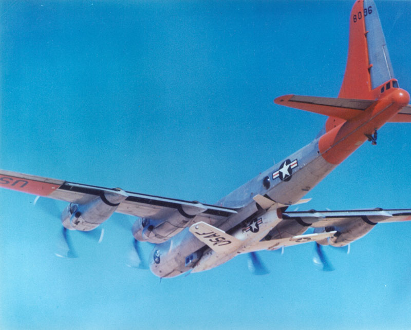 The Bell X-2 carried by Boeing EB-50D Superfortress 48-096. (U.S. Air Force)