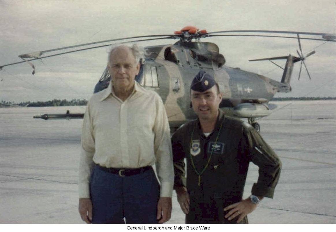 BG Charles A. Lindbergh USAFR and MAJ Bruce Ware USAF, 31st ARRS, with Jolly 36, HH-3E 66-13289, 12 April 1972. (U.S. Air Force)