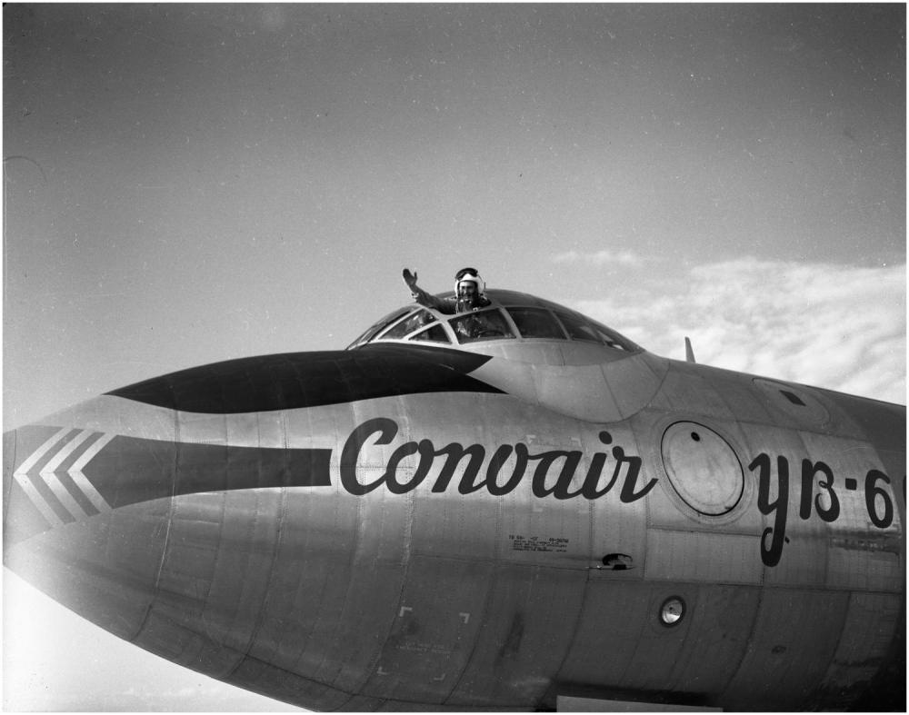Test pilot Beryl A. Erickson waves from the cockpit of the YB-60. (Convair, via Jet Pilot Overseas.) 