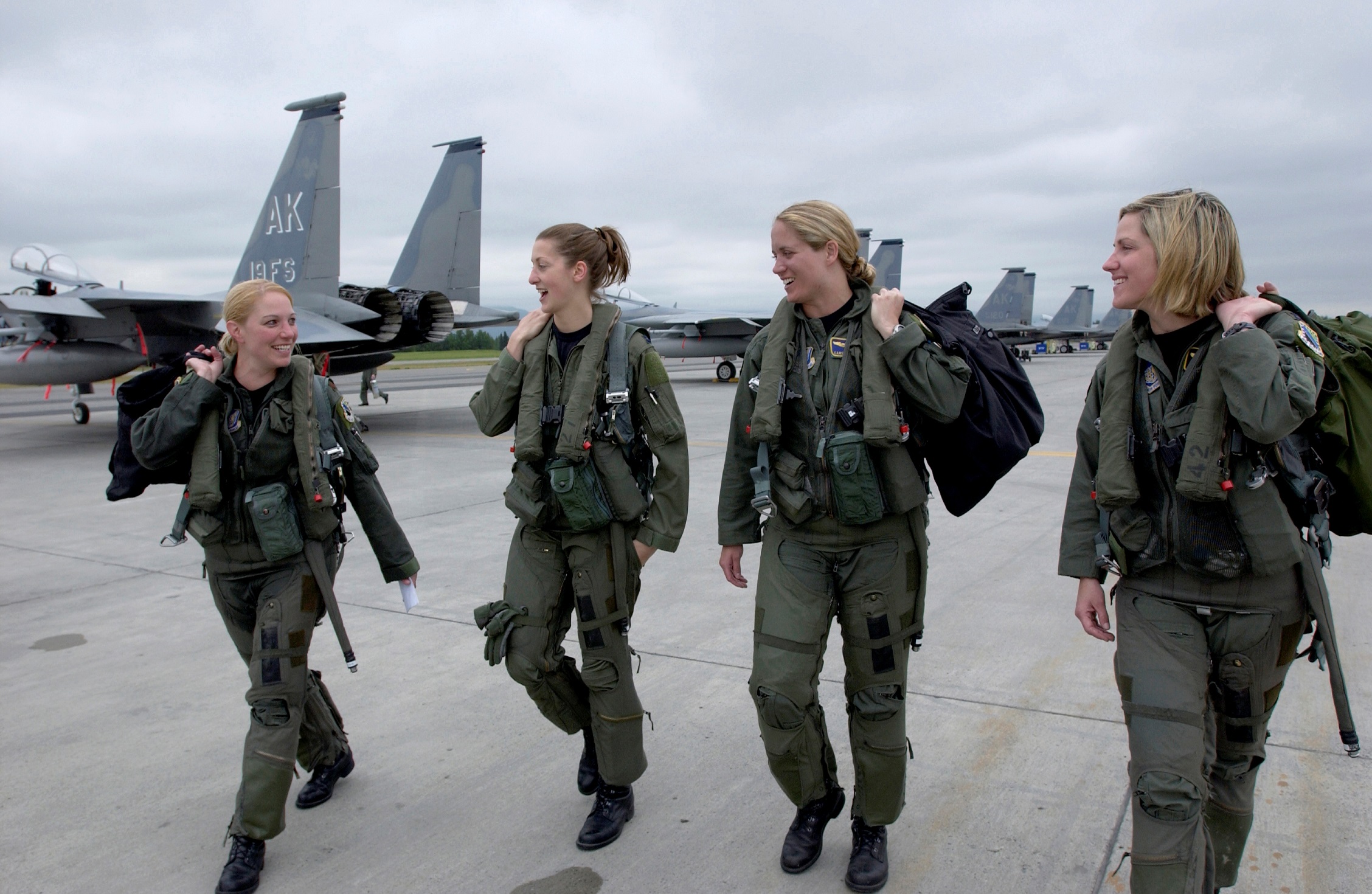U.S. Air Force F-15C Eagle fighter Interceptor pilots of the 3rd Fighter Wing, Elmendorf AFB, Alaska, left to right, Major Andrea Misener, 19th FS; Captain Jammie Jamiesen, 12th FS; Major Carey Jones, 19th FS; Captain Samantha Weeks, 12th FS. (U.S. Air Force)