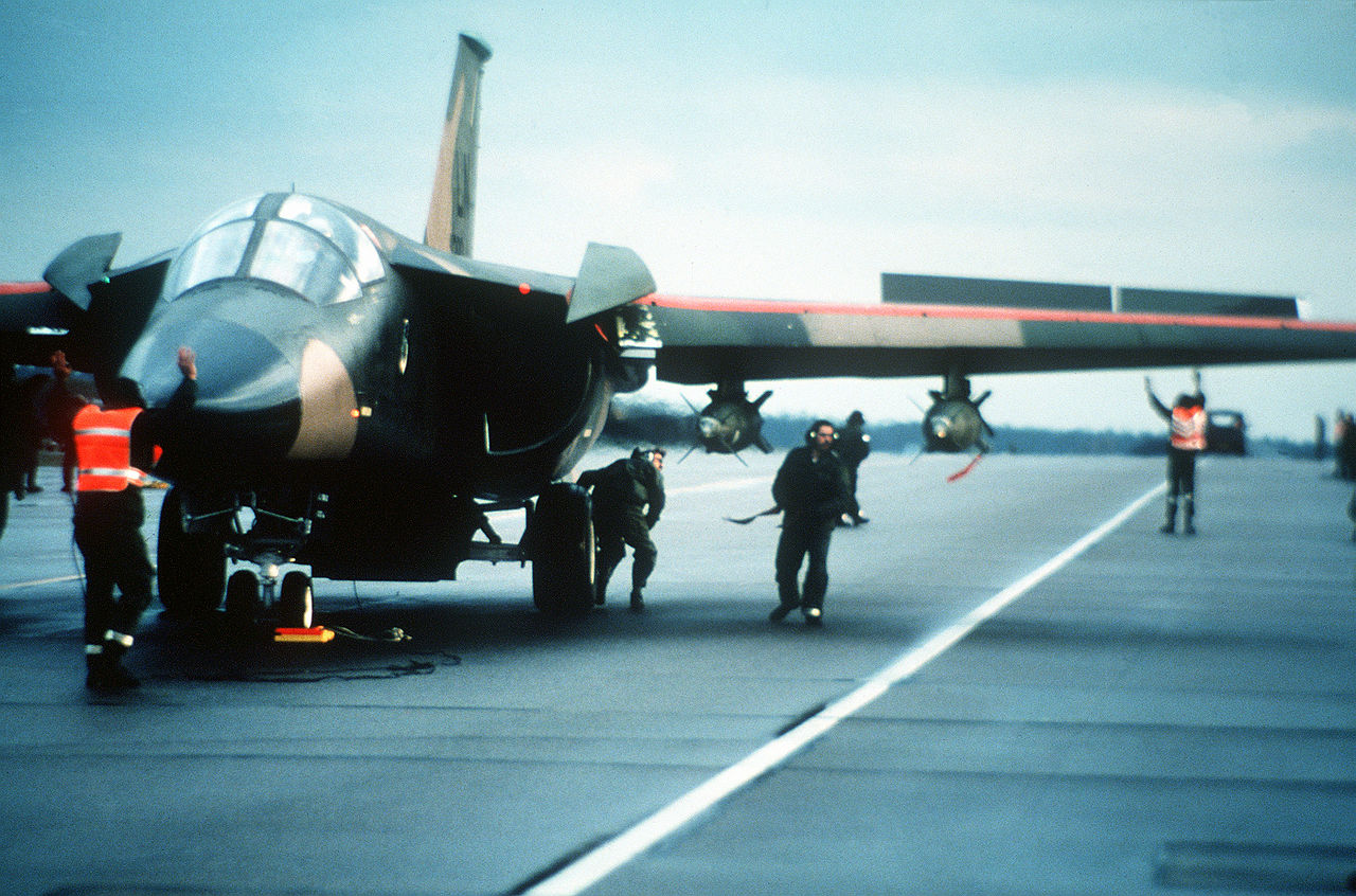 General Dynamics F-111F Aardvark with 2000 pound GBU-10 Paveway II laser-guided bombs at RAF Lakenheath, 14 April 1981. (U.S. Air Force)