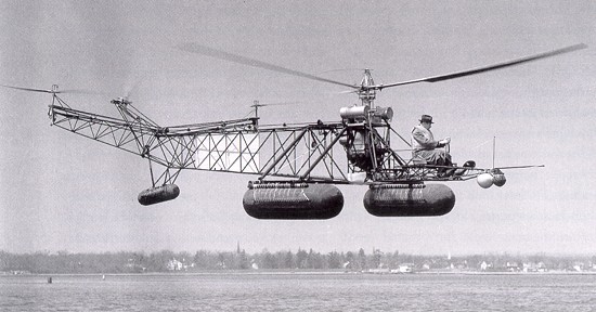 Igor Sikorsky piloting his pontoon-equipped VS-300, 17 April 1941. (Sikorsky Historical Archives)