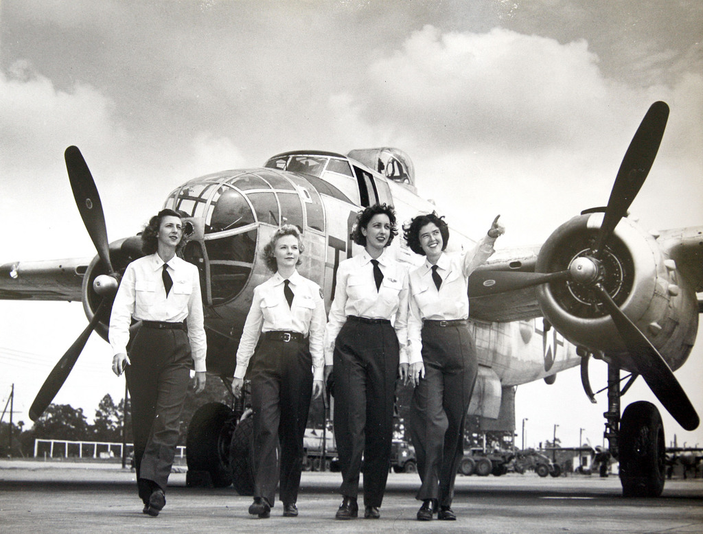 Test pilots were not always men. These four women, members of the Women Airforce Service Pilots (WASPs), were assigned as engineering test pilots, testing new aircraft and modifications. The airplane behind them is a North American Aviation B-25 Mitchell twin-engine medium bomber. From left to right, Dorothy Dodd Eppstein, Hellen Skjersaa Hansen, Doris Burmeister Nathan and Elizabeth V. Chadwick Dressler. (U.S. Air Force)