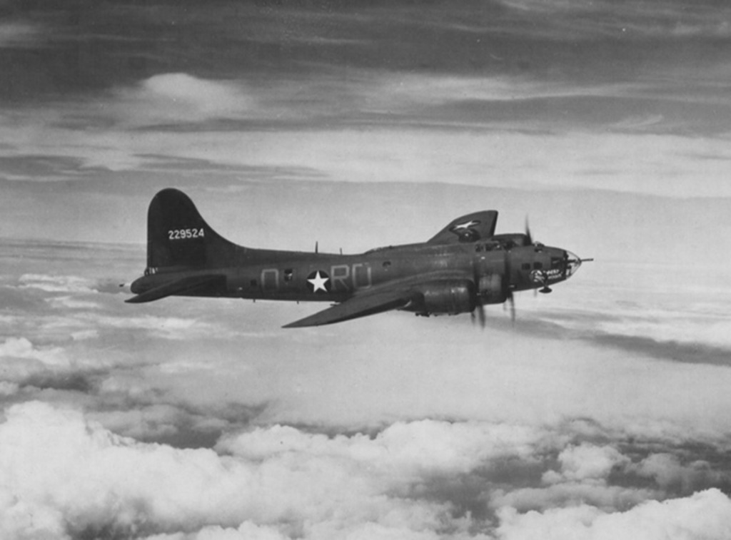 This Boeing B-17F-55-BO Flying Fortress, 42-29524. also o fthe 423rd Bombardment Squadron, was very similar to teh one on which Sergeant Smith was the ball turret gunner. The squadron identification markings, "RD", are painted on the fuselage. The second letter "D" identifies this particular airplane. (U.S> Air Force)