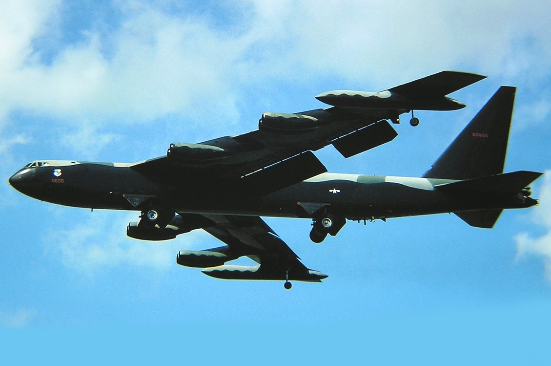 Boeing B-52D-75-BO Stratofortress 56-0606, the same type bomber flown by Captain James A. Yule, 19 May 1976. In this photograph, the airplane has its landing gear extended and flaps lowered. (U.S. Air Force)