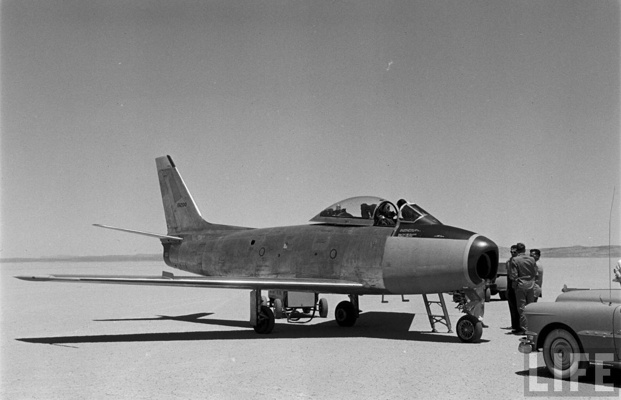 Jackie Cochran in the cockpit of the Canadair Sabre Mk.3 No. 19200 at Edwards AFB. (LIFE Magazine)