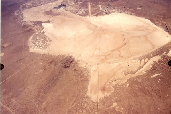 Rogers Dry Lake and Edwards Air Force Base, looking south west. Captain Yule landed his B-52 Stratofortress on the dry lake bed. (U.S. Air Force)