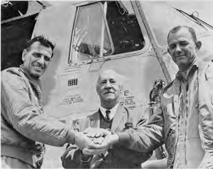 Left to Right: Major Herbert Zehnder, USAF; Igor Sikorsky; Major Donald B. Murras, USAF, at Le Bourget, 1 June 1967.