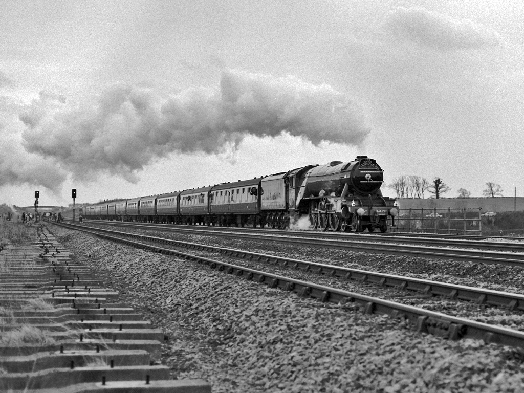 LNER rebuilt Gresley 4-6-2 'A3' class loco no 4472 FLYING SCOTSMAN at Swayfield Lodge on the Down Slow line with the 09:30 London Kings Cross to York charter which it will work between Peterborough and York. Sunday 27/02/1983. (David Ingham)