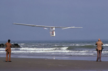 Gossamer Albatross arrives at France, 12 June 1978. (AeroEnvironment)