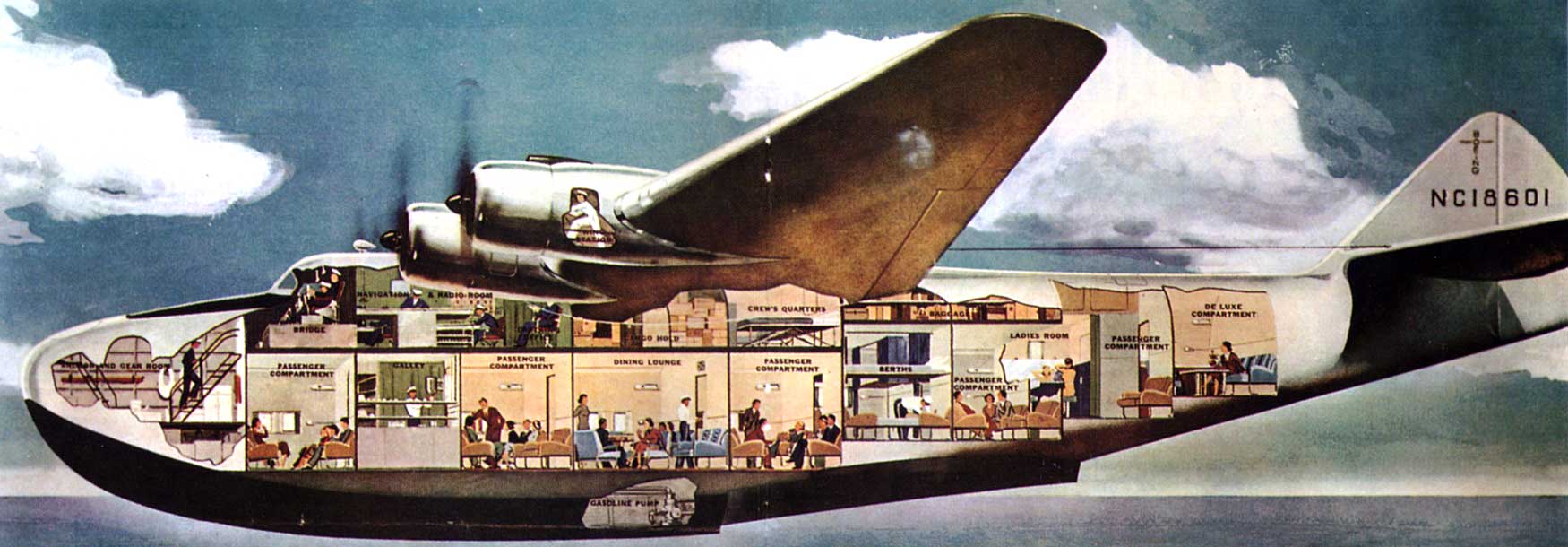 This iluustration shows the interior arrangement of the Boeing 314. (Unattributed) 