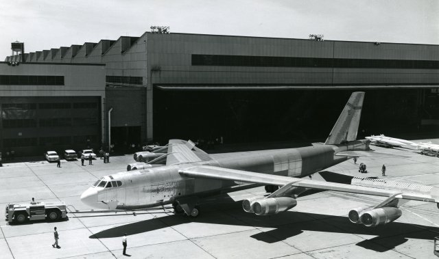 The last of 744 Boeing B-52 Stratofortress bombers, B-52H-175-BW, 61-0040, is rolled out at the Boeing plant at Wichita, Kansas. (Boeing)