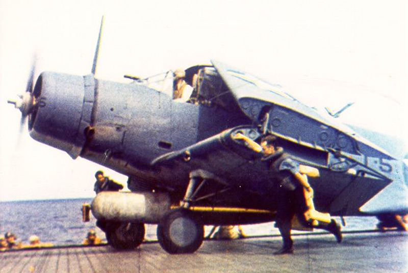 One of Torpedo Eight's Douglas TBD-1 Devastator torpedo bombers, 8-T-5, aboard USS Hornet, mid-May 1942. (U.S. Navy)