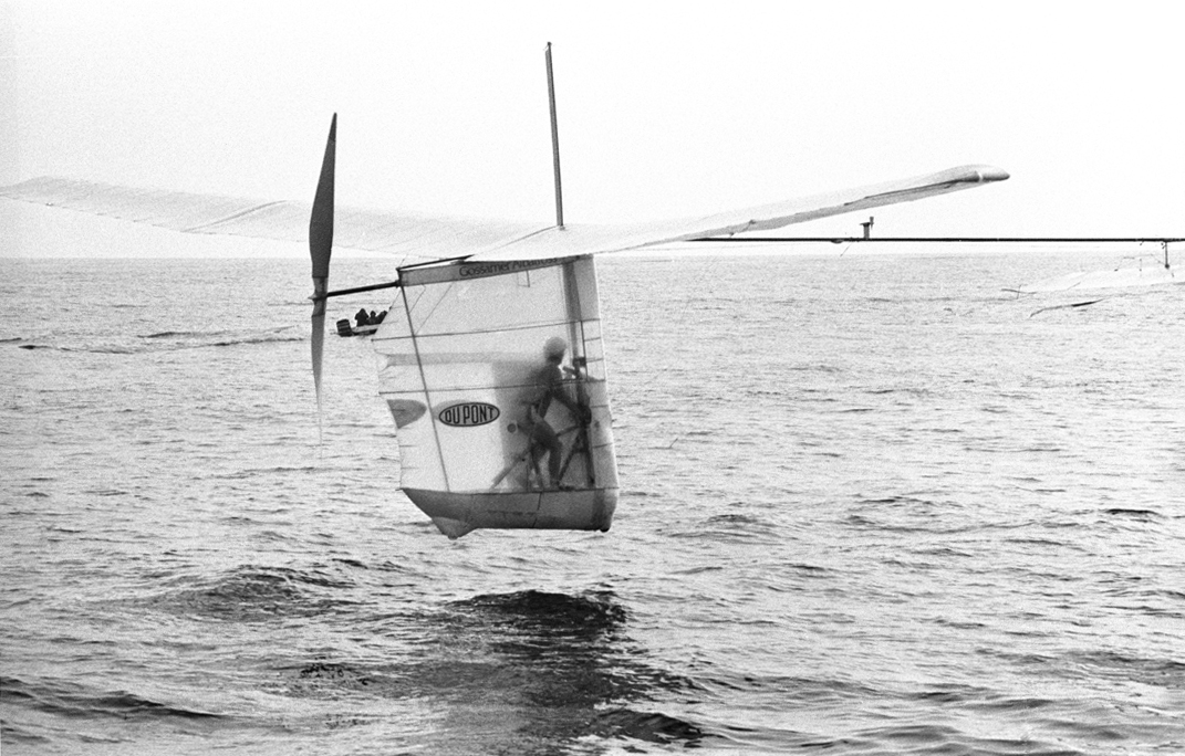 Bryan Allen flies Gossamer Albatross across the English Channel. 