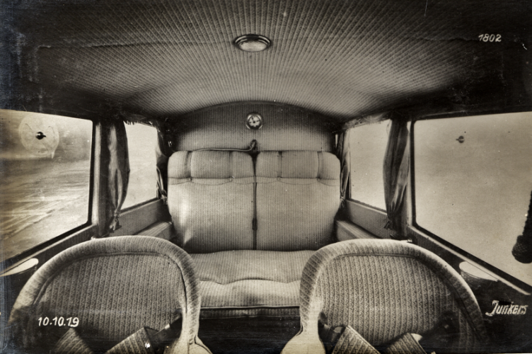 The passenger compartment of the Junkers F.13 seated for passengers. (Junkers)