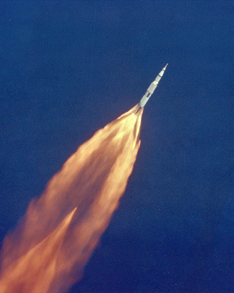 Apollo 11 gains altitude while the first stage Rocketdyne F-1 engines increase thrust. (NASA)