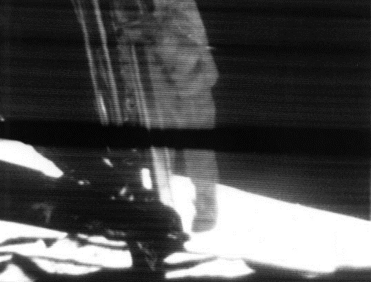Neil Armstrong steps onto the Moon, 10:56 p.m. EDT, 20 July 1969. (NASA)