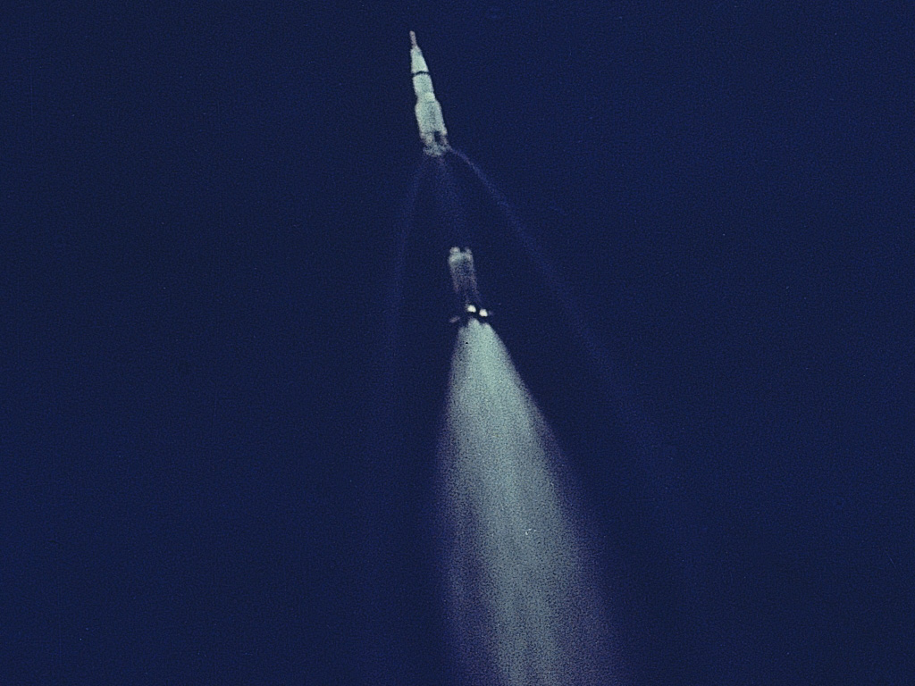 Apollo 11 S-1C first stage separation at 2 minutes, 41 seconds, altitude 42 miles, speed 6,164 mph, has burned 4,700,000 pounds of propellant. (NASA)