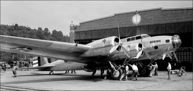 Rollout of teh Boeing Model 299, NX13372, prototype XB-17. (Museum of Science and Industry)