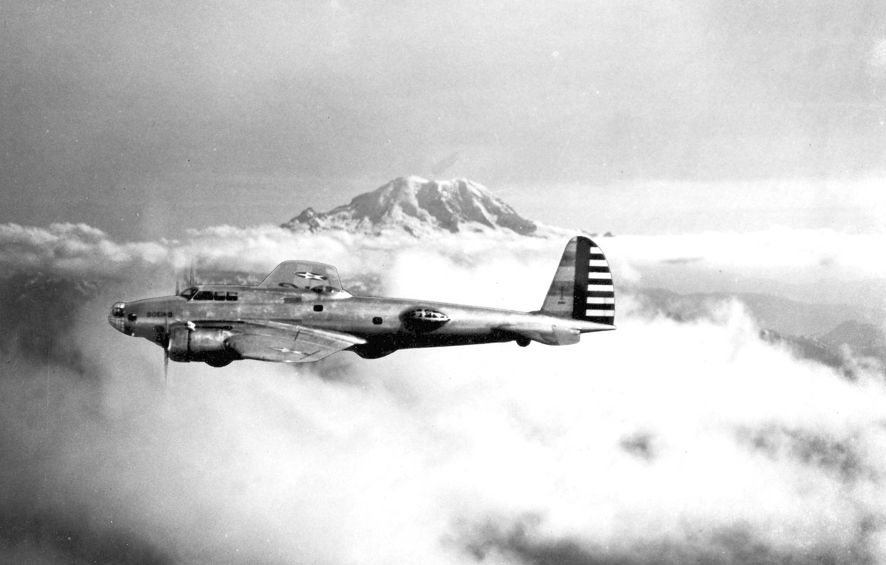 The Boeing Model 299 with Mount Rainier. (U.S. Air Force)