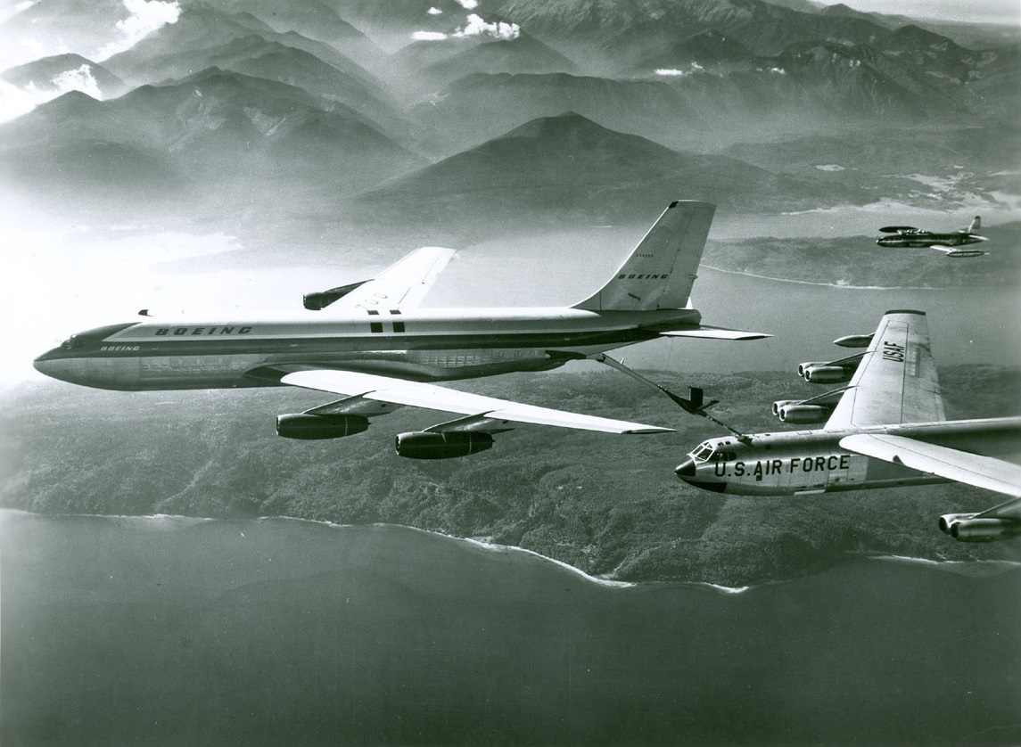 In tanker configuration, the Boeing 367-80 refuels a Boeing B-52 Stratofortress. The chase plane is a Lockheed T-33A Shooting Star. (U.S. Air Force) 