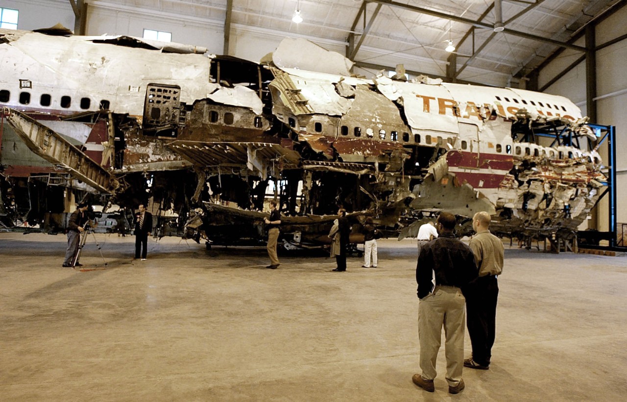 During the investigation by the national Transportation Board (NTSB) and the Federal Bureau of Investigation (FBI) fragments of the Boeing 747 were reaasembled. (NTSB) 