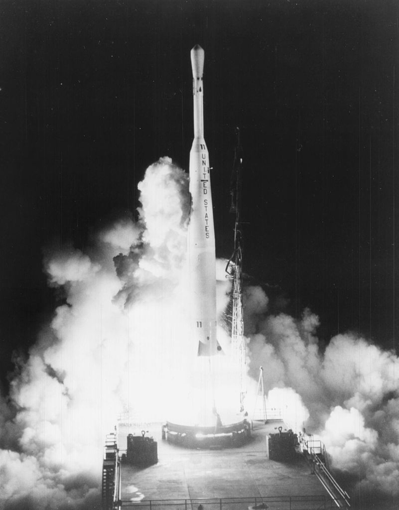 Telstar 1 launches aboard a Thor Delta rocket at Launch Complex 17B, 0835 GMT, 10 July 1962. (NASA)
