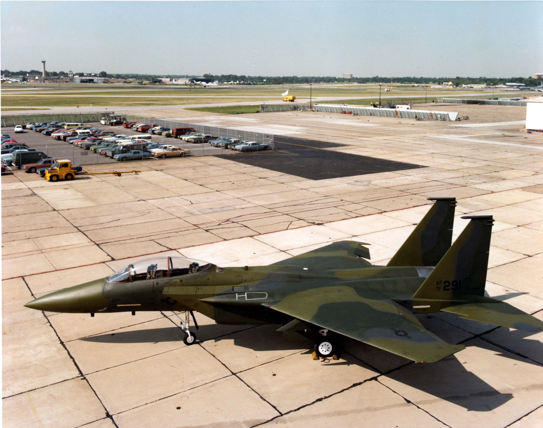 The prototype McDonnell Douglas F-15E Strike Eagle (modified from F-15B-4-MC 71-0291) is parked on the ramp at the McDonnell Douglas facility at St. Louis. (U.S. Air Force)