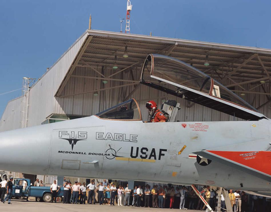 Irving L. Burrows prepares for teh first flight of the pre-production YF-15A-1-MC Eagle air superiority fighter at Edwards Air Force Base, California.