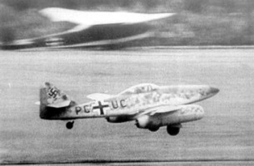 Messerschmitt Me 262 V3, PC+UC, takes off on its first flight at Leipheim, 18 July 1942.