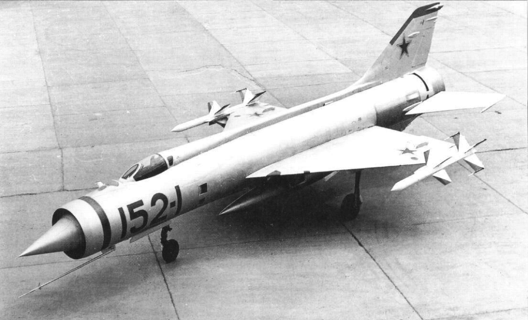 The Mikoyan-Gurevich Ye-152-1 shown with air-to-air missiles and a centerline fuel tank.