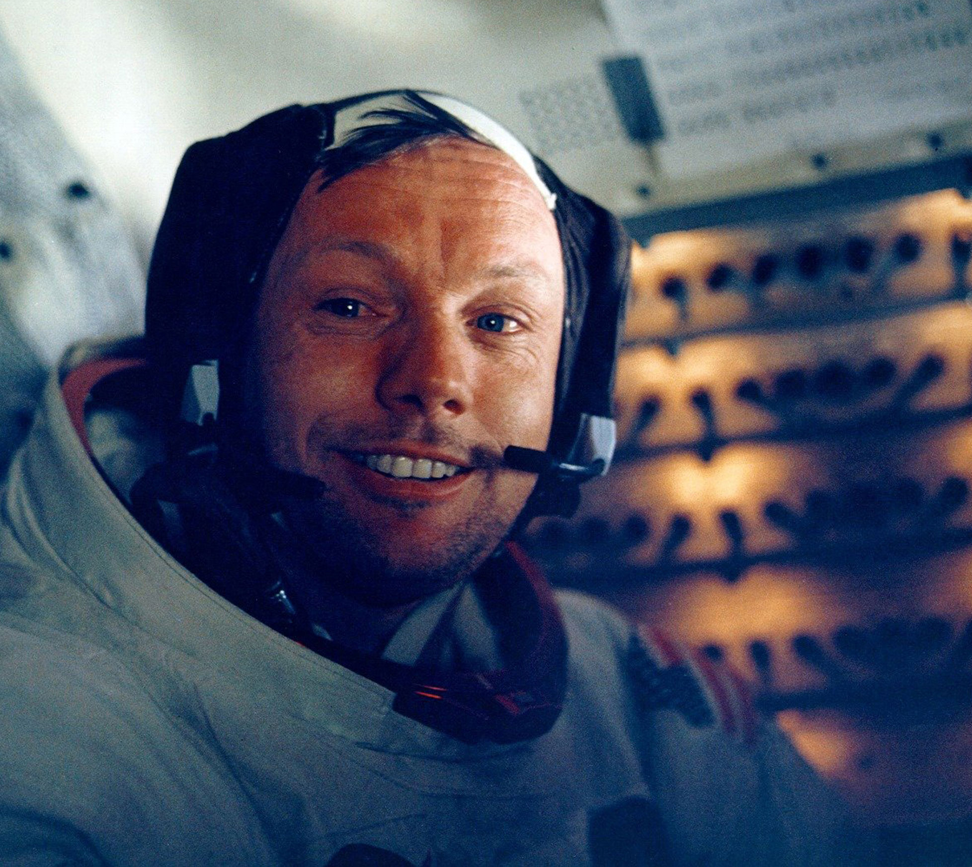 Neil Alden Armstrong inside the Lunar Module on the surface of the Moon, 20 July 1969. (NASA)