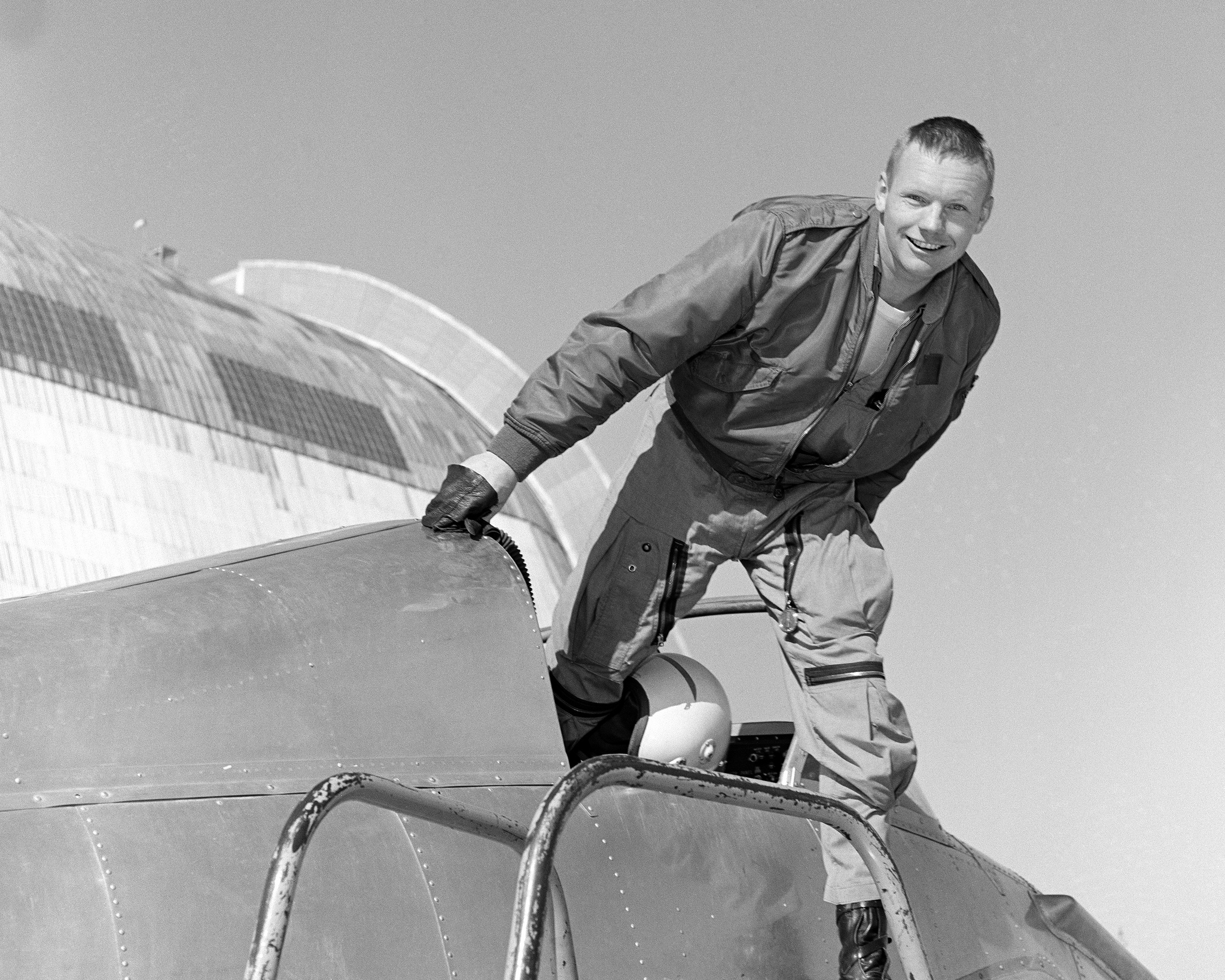 NASA Research Test Pilot Neail A. Armstrong with teh Bell X-14 at NASA Ames Research Center, February 1964. (NASA)