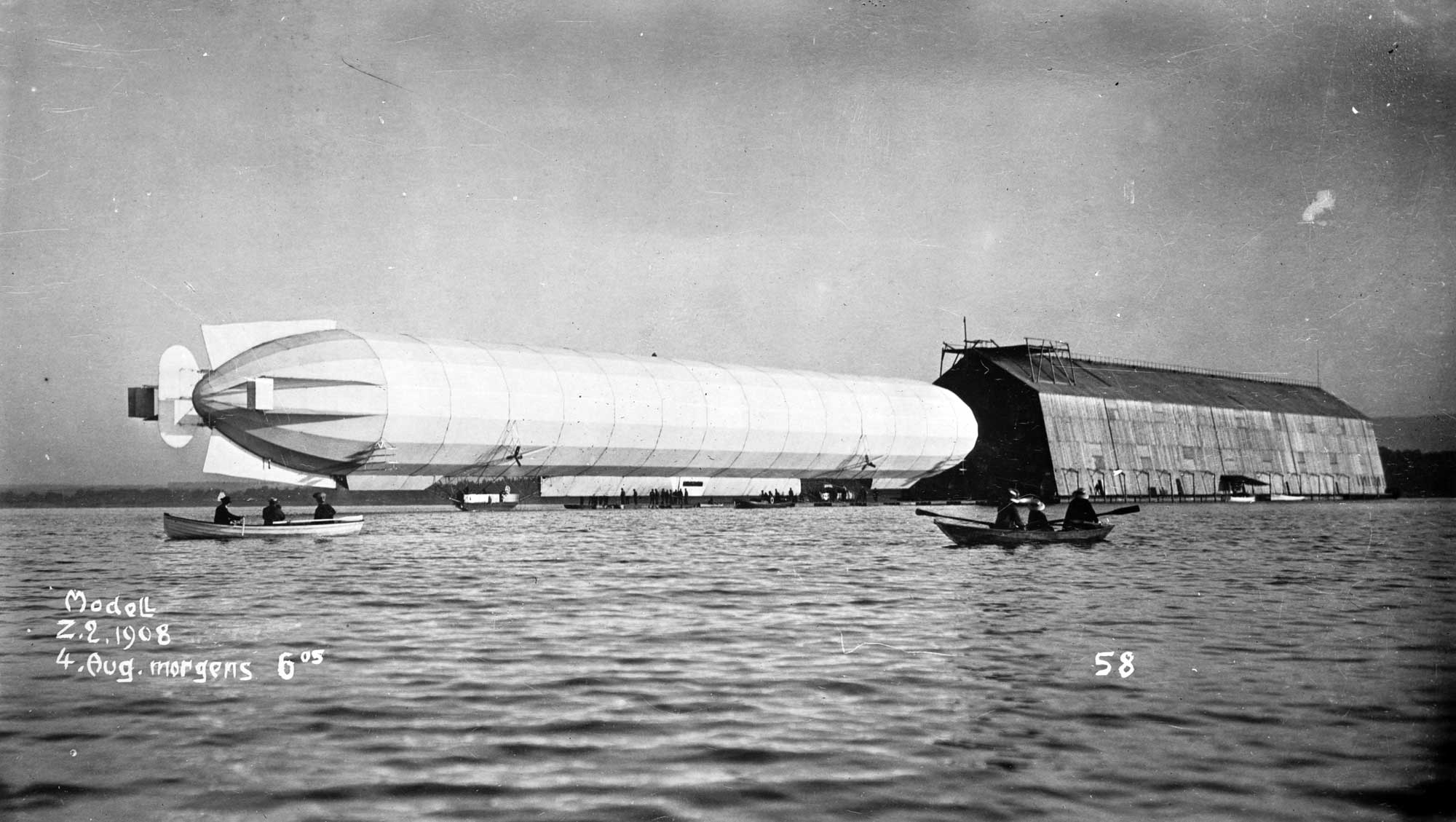 LZ-4 leaves the hangar on Lake Constance, 6:05 a.m., 4 August 1908.